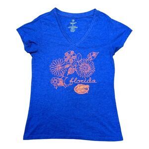 UF Florida Gators Womens V-Neck Tee By Colosseum Blue Floral Graphics  Size M